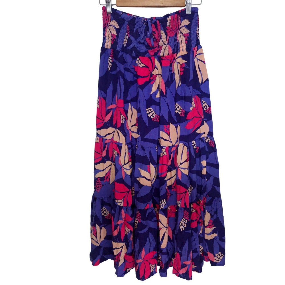 Abel The Label Purple Tropical Floral Smocked Tiered Maxi Skirt Dress Large